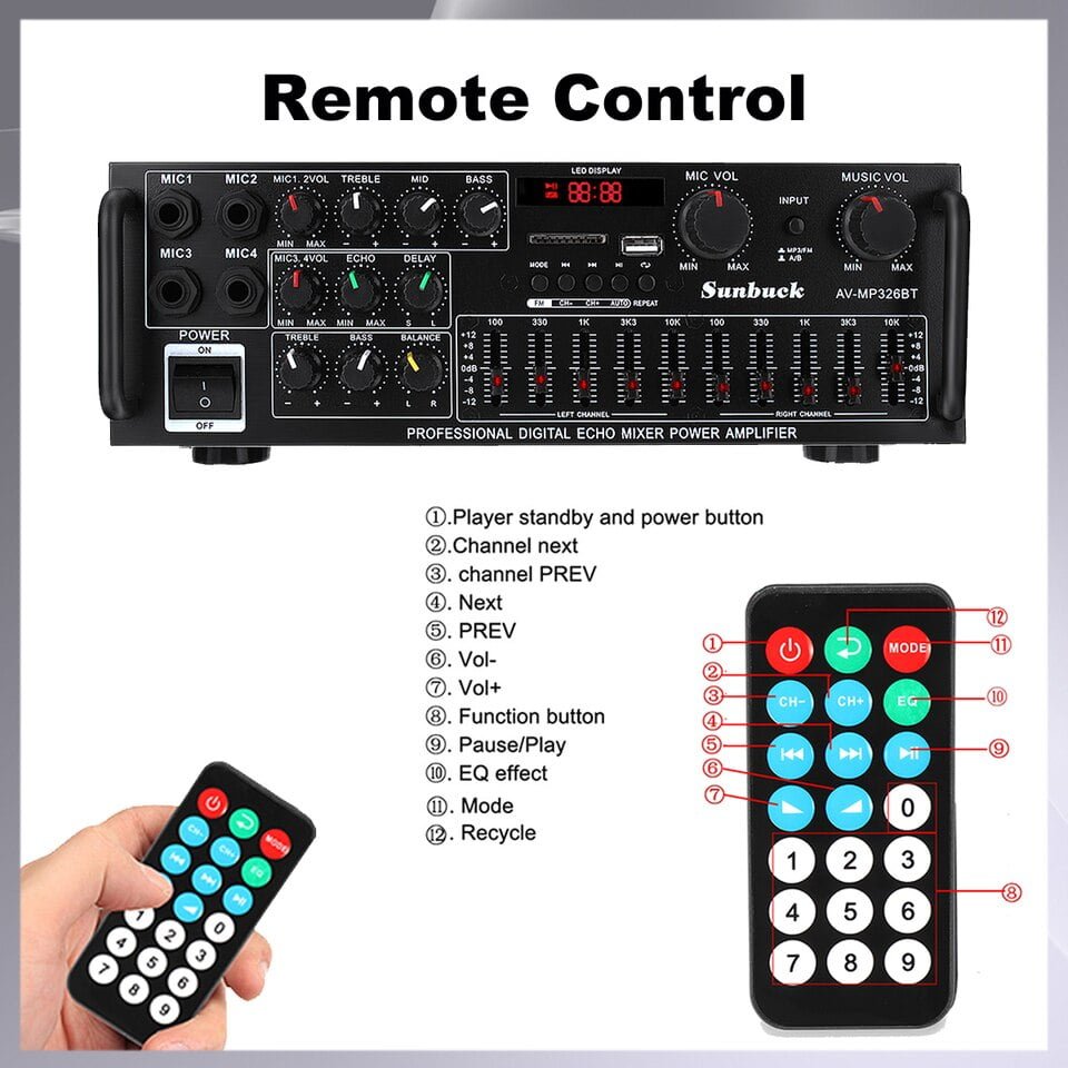 Aplificador 2000W 5.0 bluetooth 2 canais 12V/220V AV 4 ENTRADAS micro para CARRO e CASA - Image 6