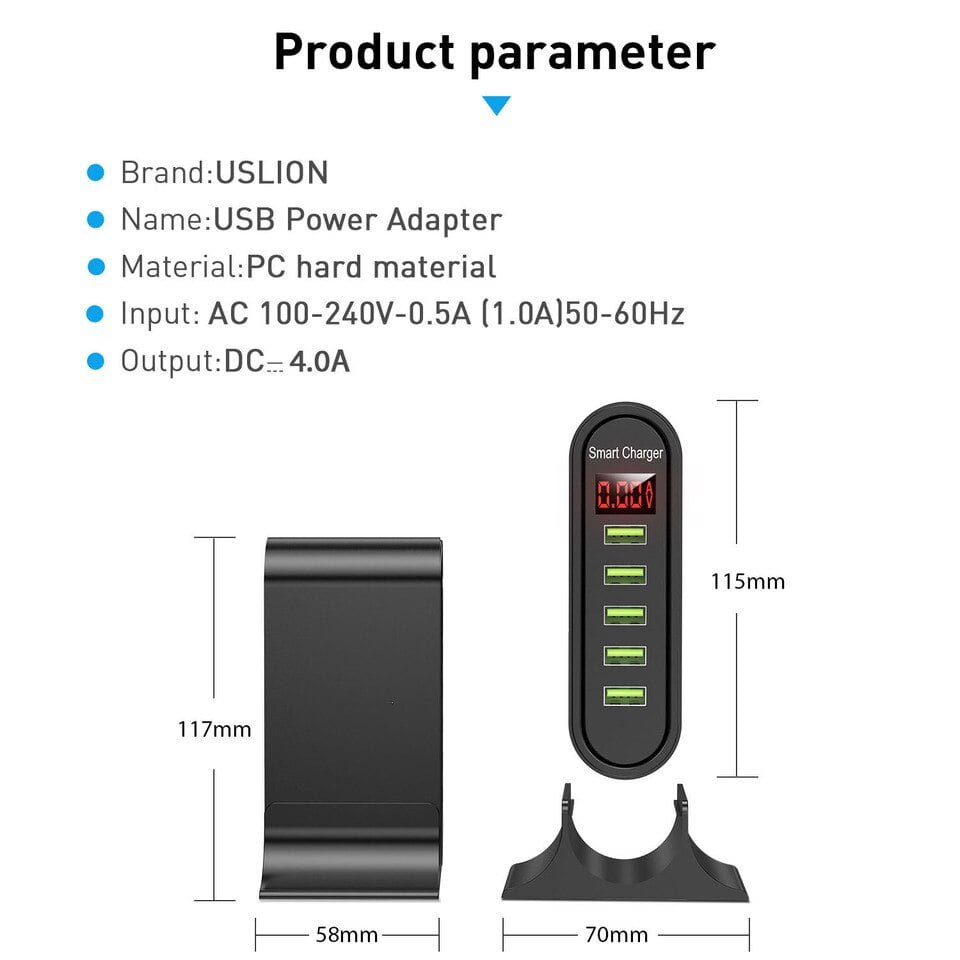 Carregador USB multiportas 5V4A American Standard European Vertical Universal 5 Portas - Image 3
