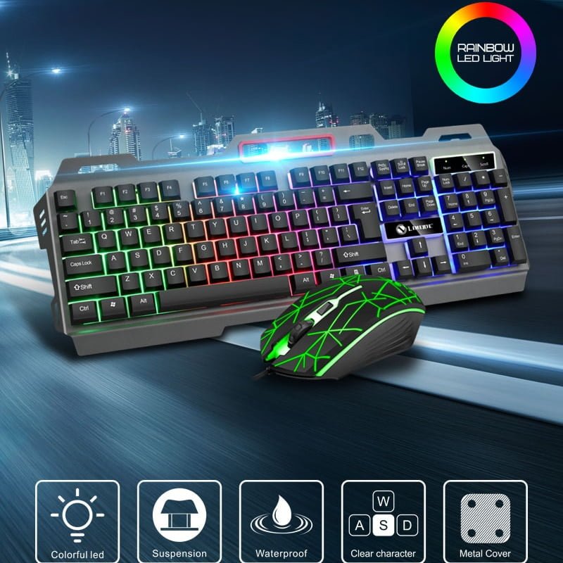 Conjunto de Teclado e Mouse Luminoso Metal USB Com Fio Retroiluminação Mecânica Teclado e Mouse
